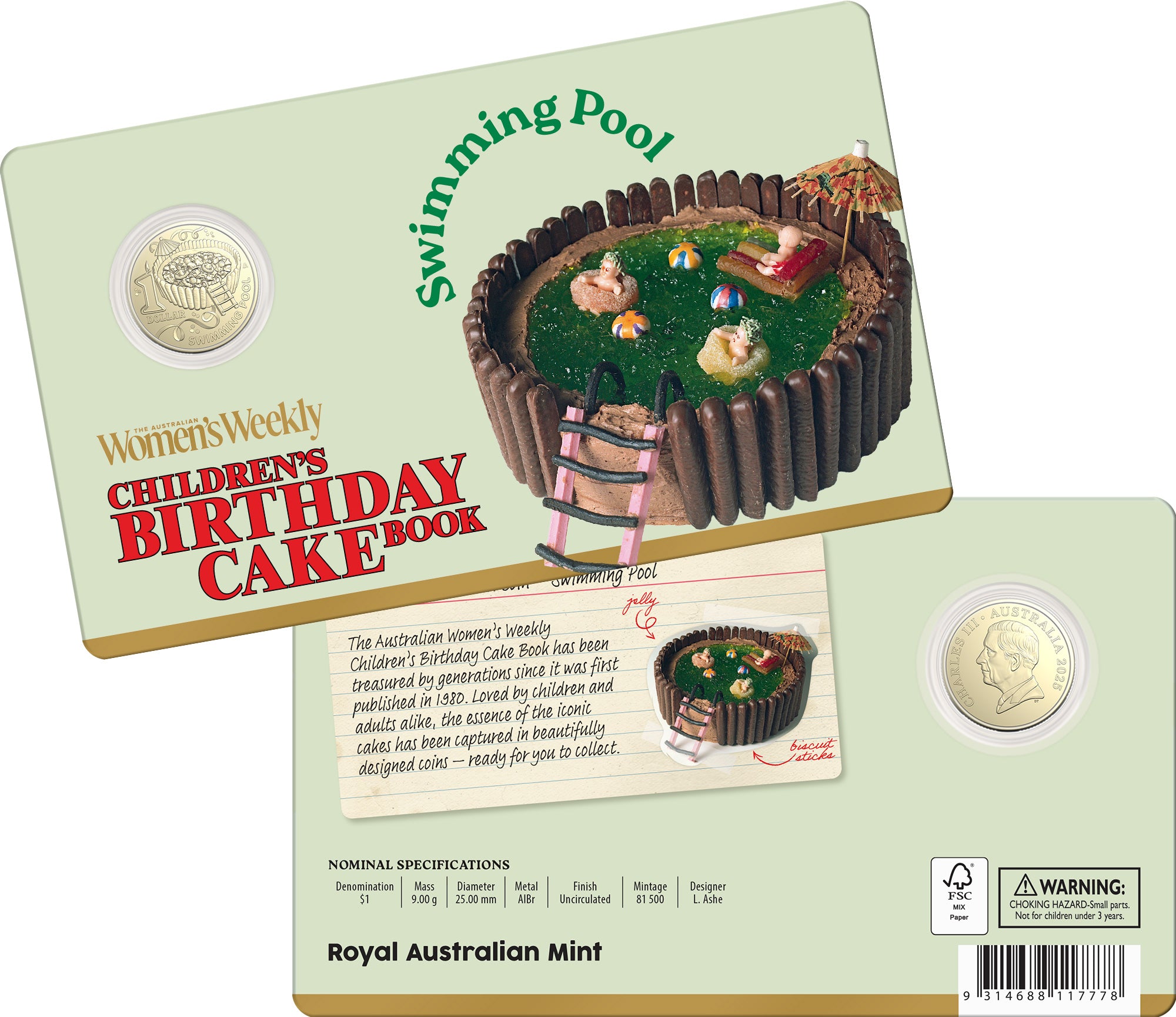 ROYAL AUSTRALIAN MINT - AWW CHILDREN'S BIRTHDAY COOKBOOK | 2025 $1 ALBR UNCIRCULATED COIN | SWIMMING POOL
