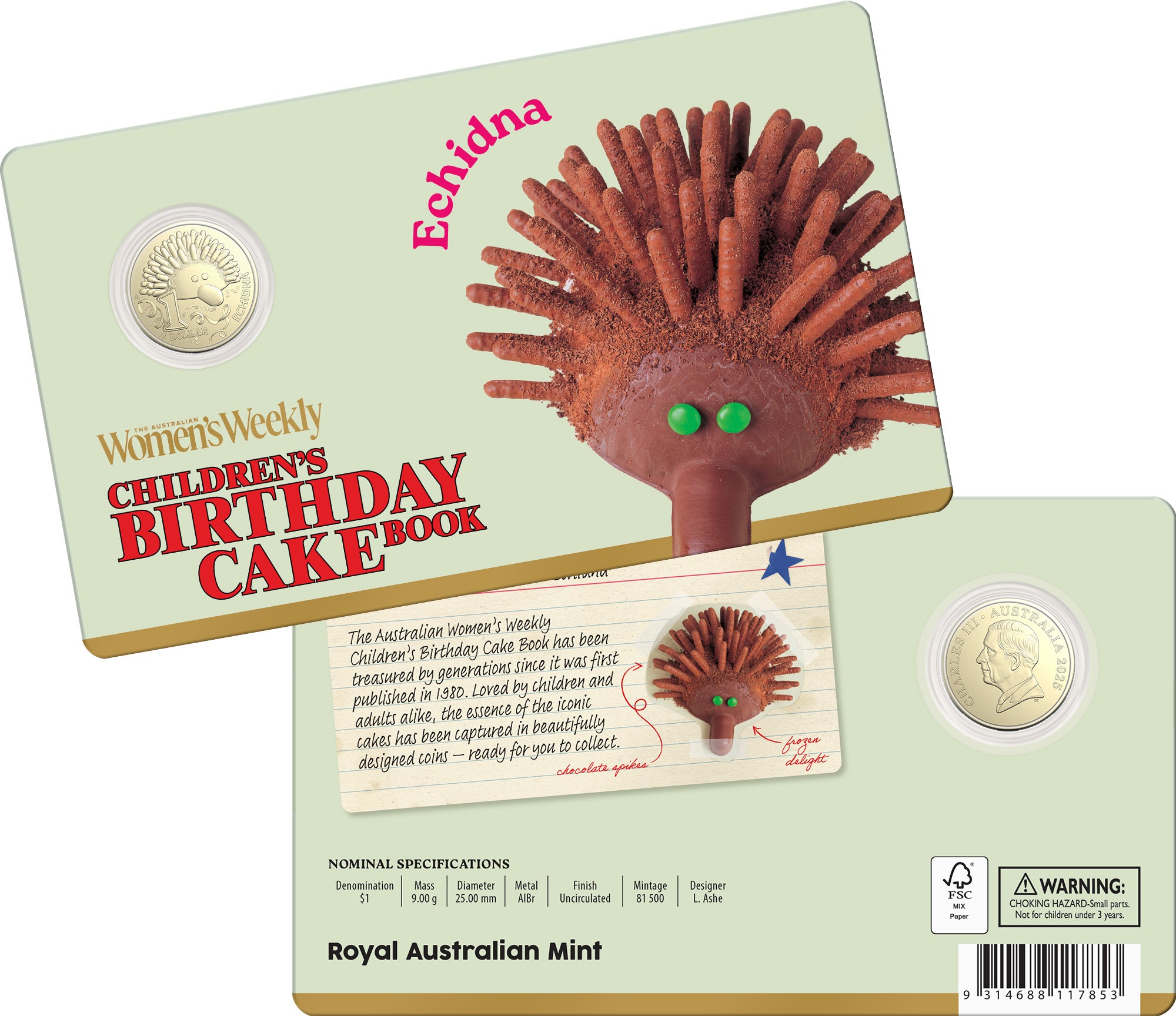 ROYAL AUSTRALIAN MINT - AWW CHILDREN'S BIRTHDAY COOKBOOK | 2025 $1 ALBR UNCIRCULATED COIN | ECHIDNA