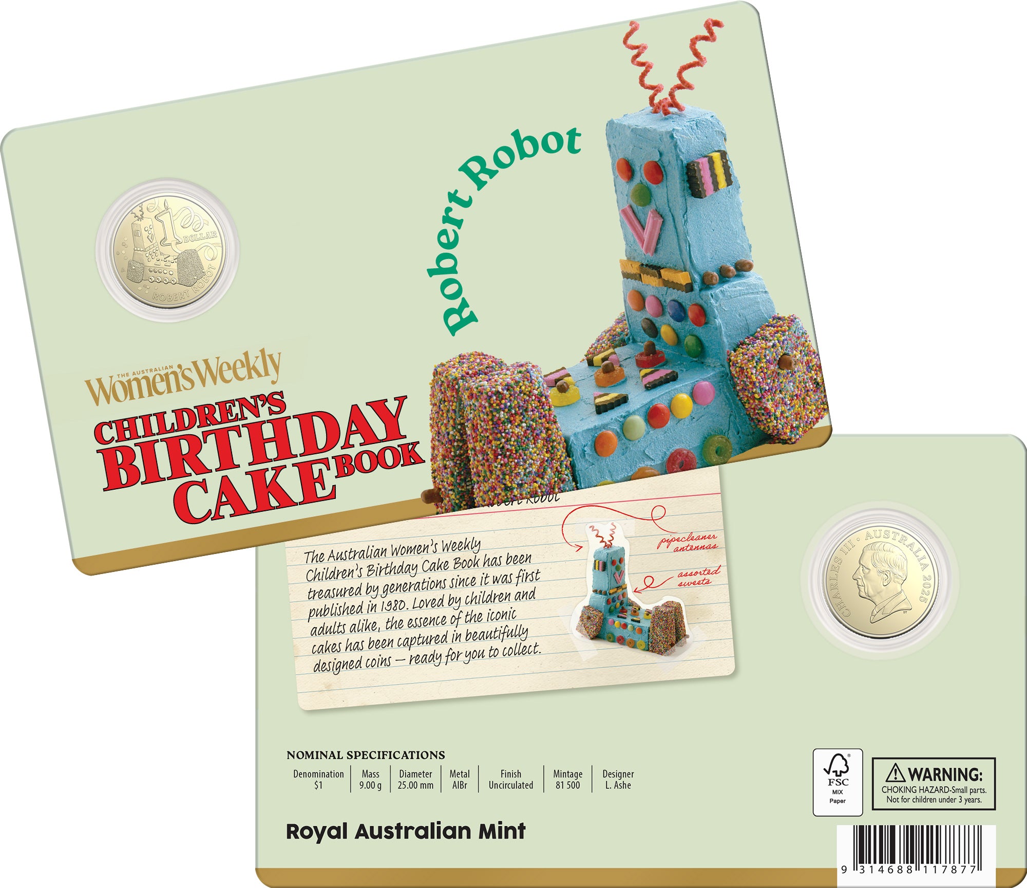 ROYAL AUSTRALIAN MINT - AWW CHILDREN'S BIRTHDAY COOKBOOK | 2025 $1 ALBR UNCIRCULATED COIN | ROBERT ROBOT