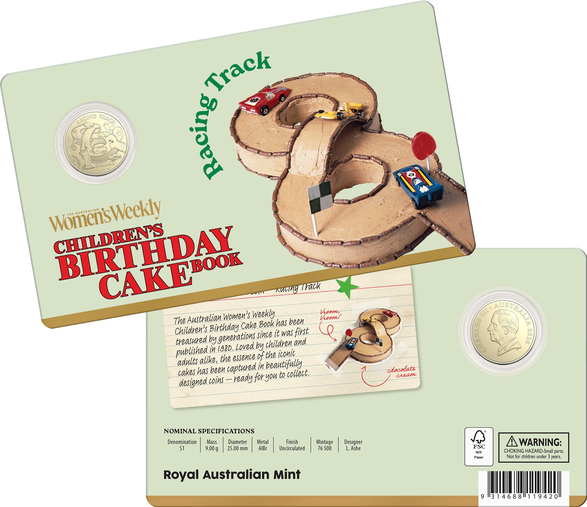 ROYAL AUSTRALIAN MINT - AWW CHILDREN'S BIRTHDAY COOKBOOK | 2025 $1 ALBR UNCIRCULATED COIN | RACING TRACK