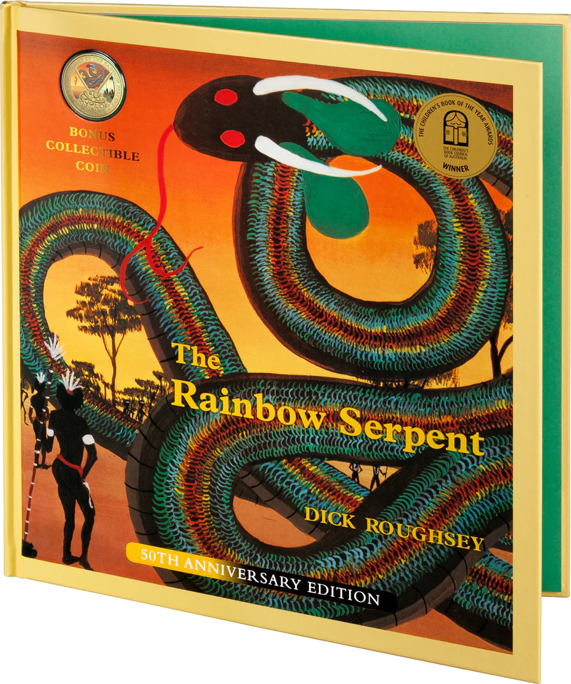 ROYAL AUSTRALIAN MINT - 2025 20 CENT GOLD PLATED COLOURED UNCIRC COIN | DELUXE BOOK EDITION | 50TH ANNIVERSARY OF THE RAINBOW SERPENT