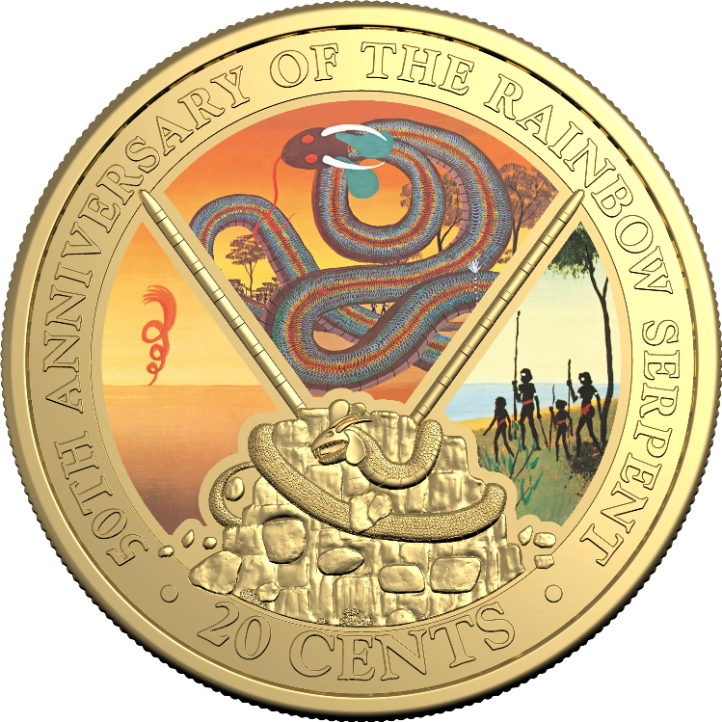 ROYAL AUSTRALIAN MINT - 2025 20 CENT GOLD PLATED COLOURED UNCIRC COIN | DELUXE BOOK EDITION | 50TH ANNIVERSARY OF THE RAINBOW SERPENT