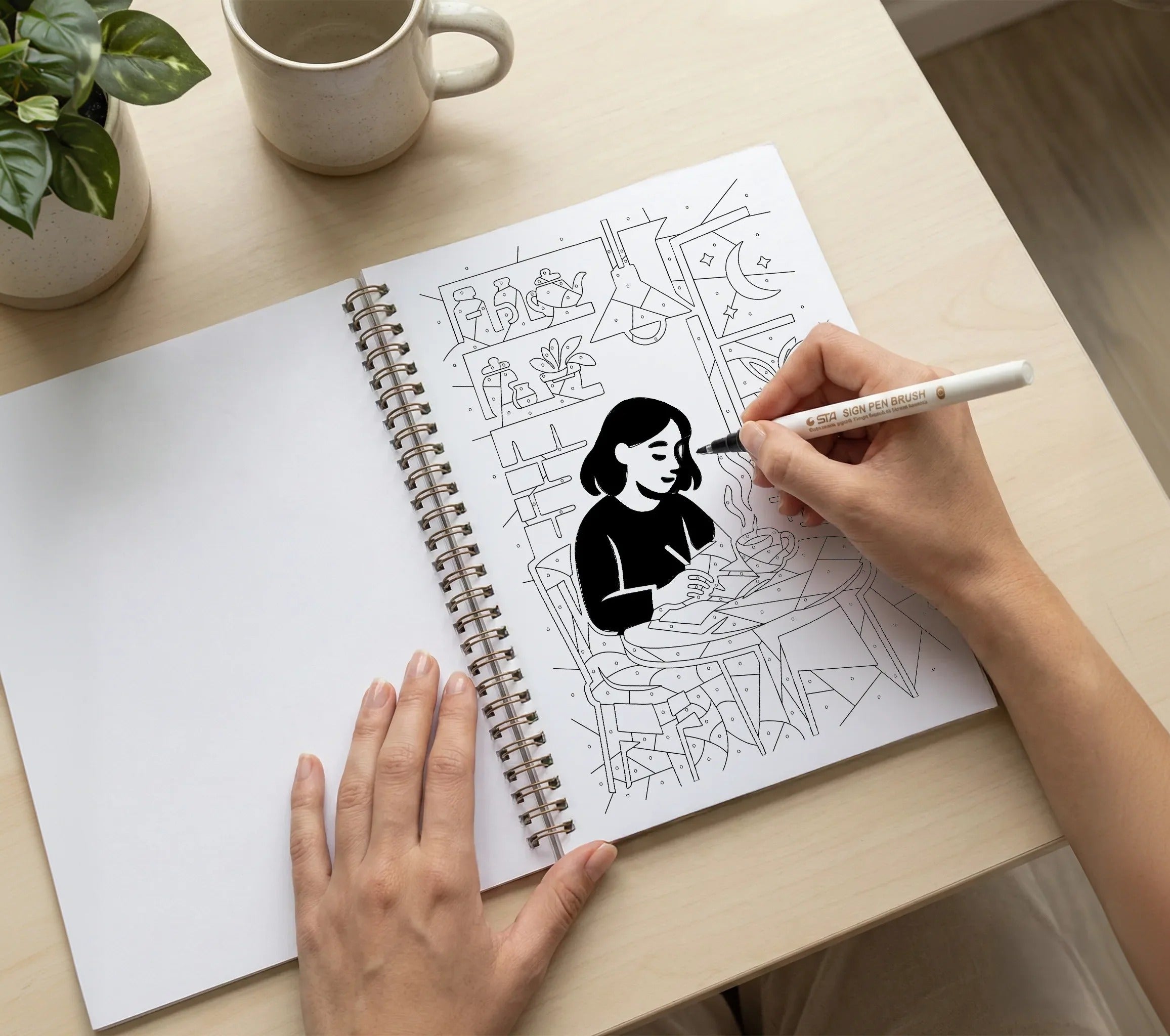 Hand colouring a Still&Slow one colour colouring book page with a black brush pen, following the tiny dots