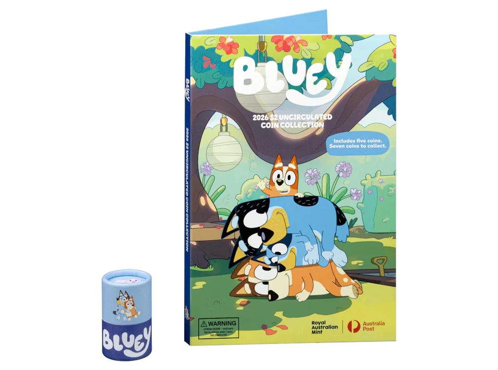 ROYAL AUSTRALIAN MINT - BLUEY 2026 $2 UNCIRCULATED COLLECTION FOLDER AND FIVE-COIN SET