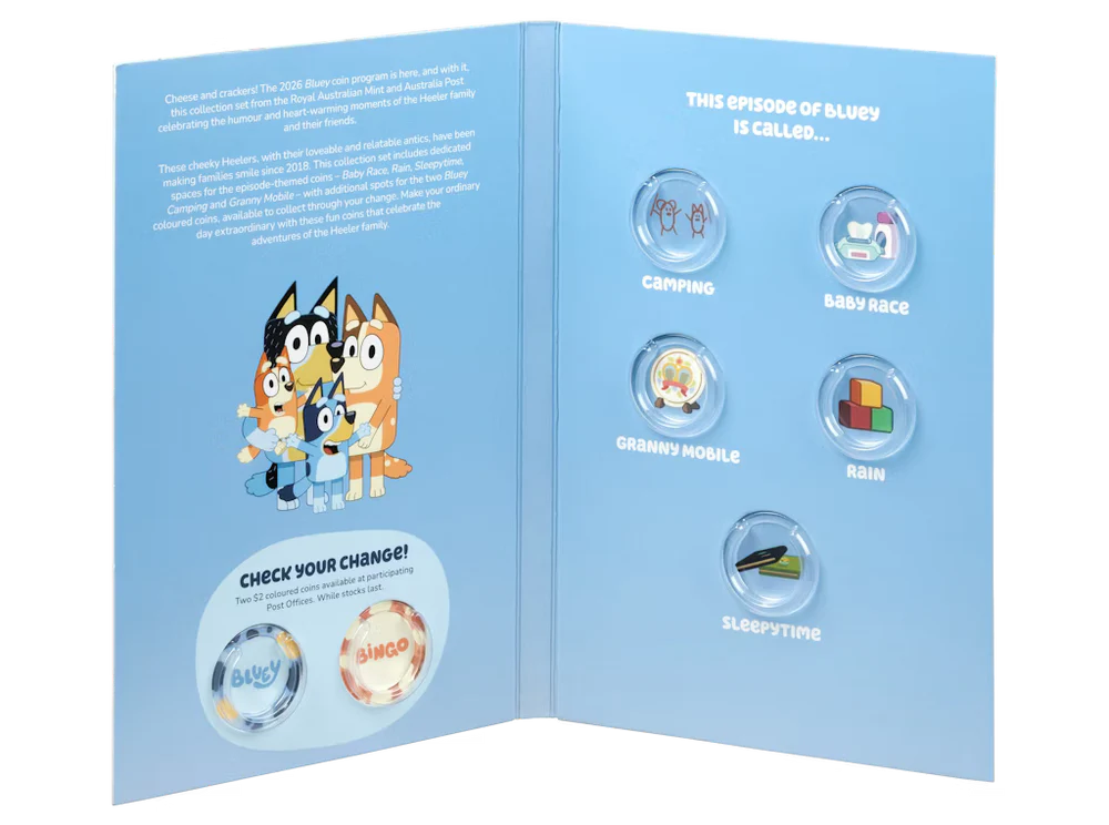 ROYAL AUSTRALIAN MINT - BLUEY 2026 $2 UNCIRCULATED COLLECTION FOLDER AND FIVE-COIN SET