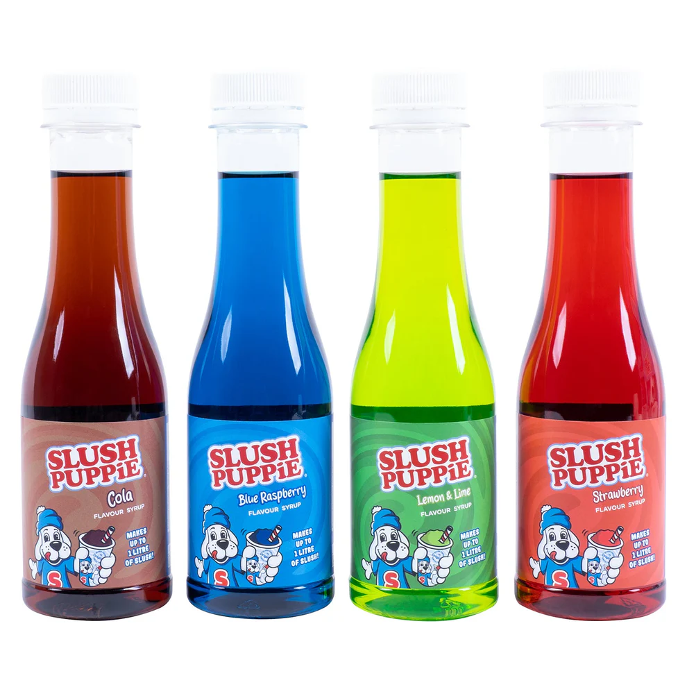SLUSH PUPPIE -  4 PACK SYRUP | BLUE RASPBERRY, STRAWBERRY, COLA, LEMON & LIME