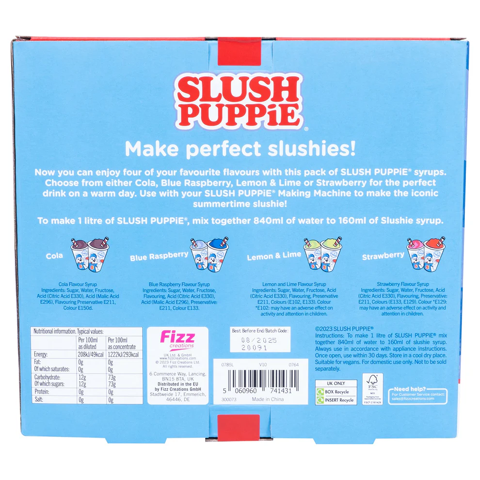 SLUSH PUPPIE -  4 PACK SYRUP | BLUE RASPBERRY, STRAWBERRY, COLA, LEMON & LIME