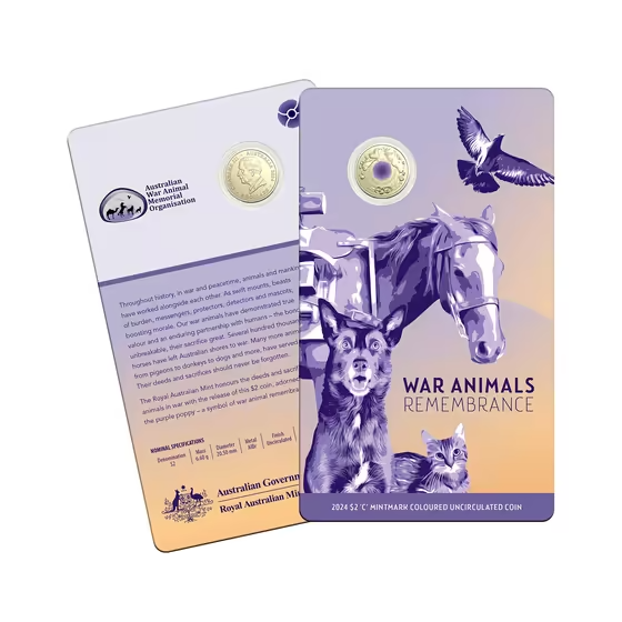 ROYAL AUSTRALIAN MINT - 2024 $2 C MINTMARK COLOURED UNCIRCULATED COIN | WAR ANIMALS REMEMBRANCE (PURPLE POPPY) 