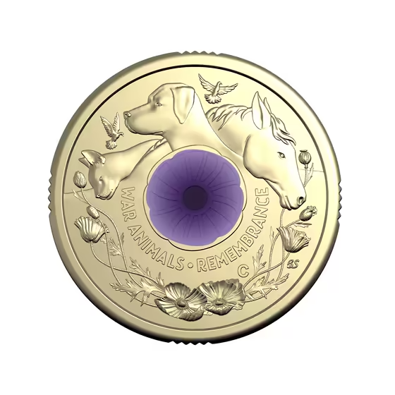 ROYAL AUSTRALIAN MINT - 2024 $2 C MINTMARK COLOURED UNCIRCULATED COIN | WAR ANIMALS REMEMBRANCE (PURPLE POPPY) 