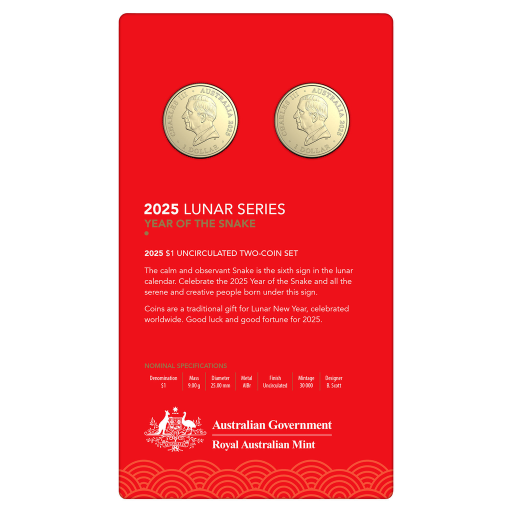 ROYAL AUSTRALIAN MINT - LUNAR SERIES | YEAR OF THE SNAKE | 2025 $1 UNCIRCULATED TWO COIN SET