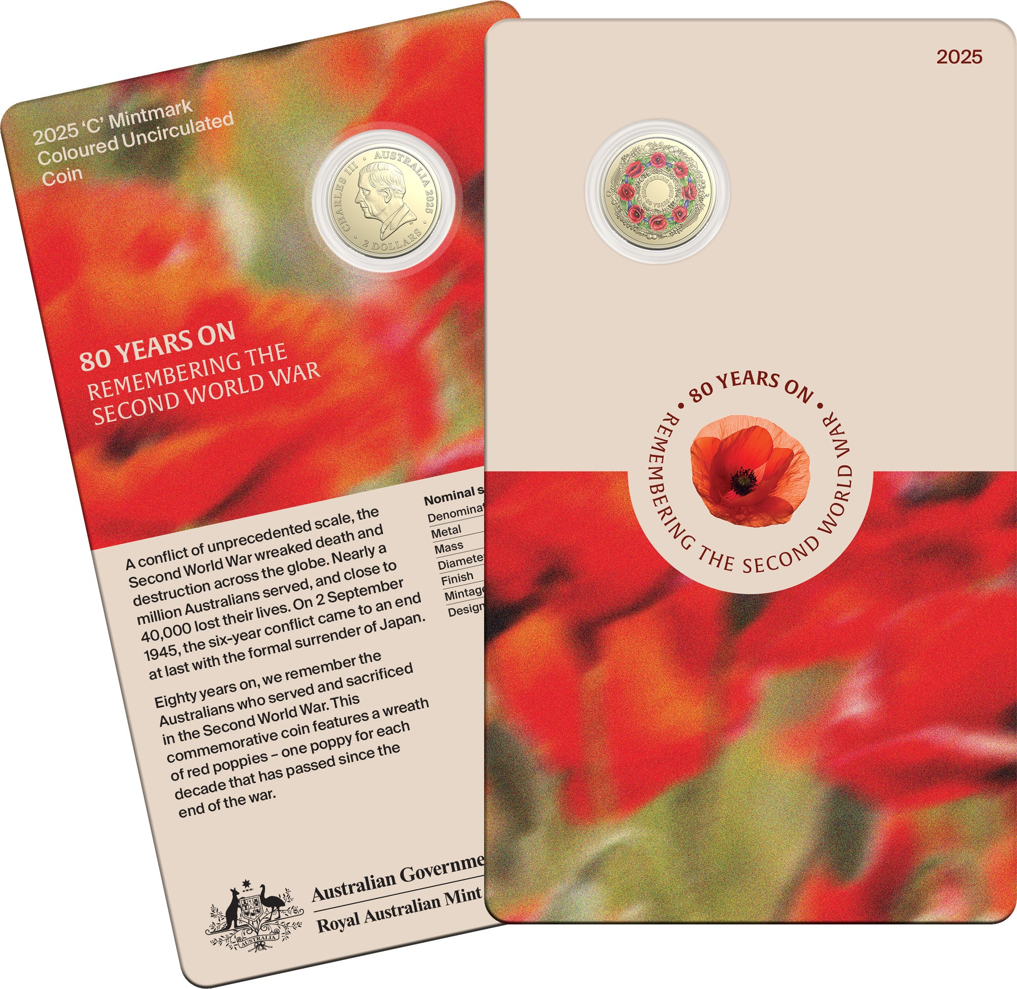 ROYAL AUSTRALIAN MINT - 2025 $2 80 YEARS ON: REMEMBERING THE SECOND WORLD WAR ‘C’ MINTMARK UNCIRCULATED COIN IN CARD