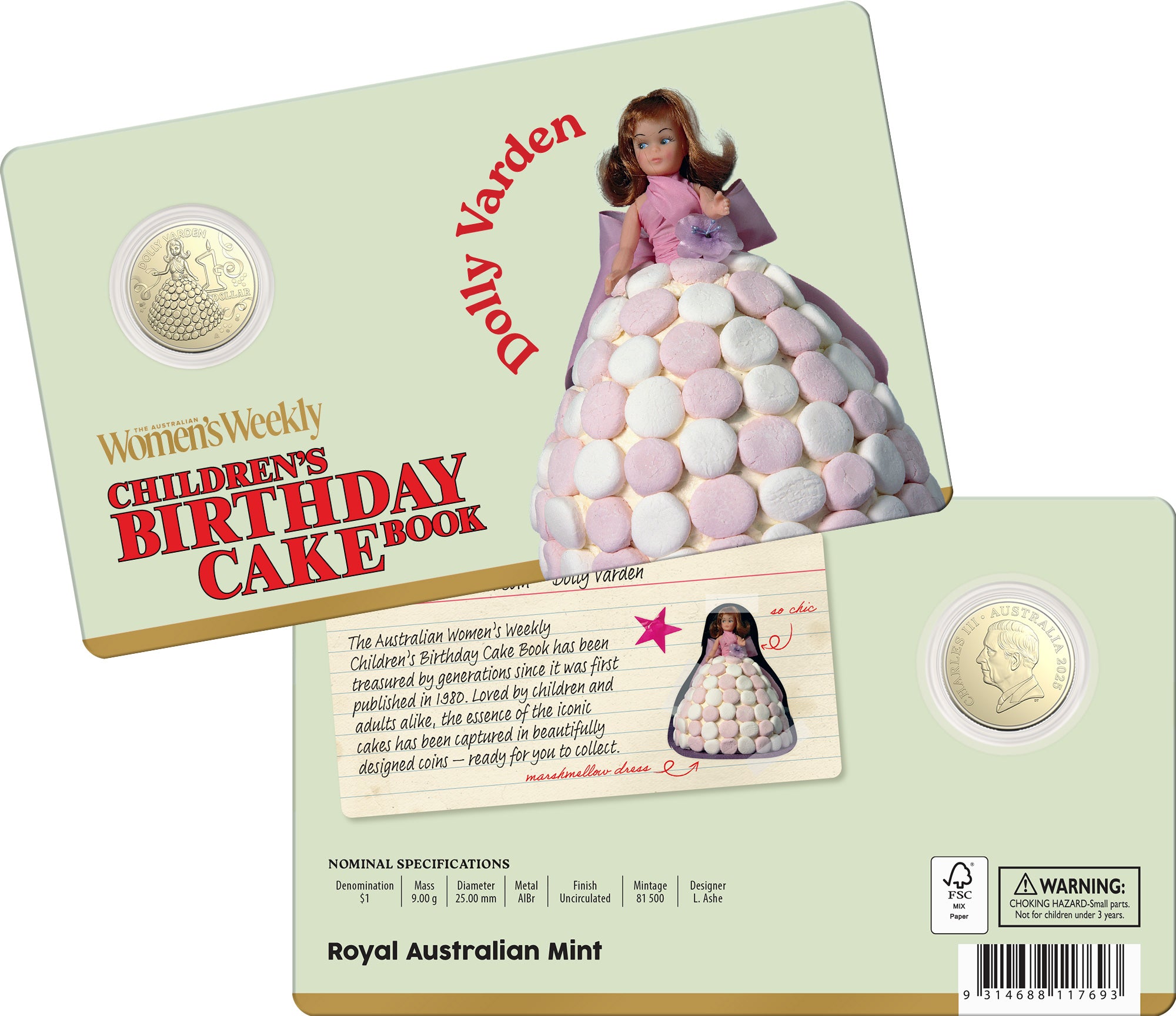 ROYAL AUSTRALIAN MINT - AWW CHILDREN'S BIRTHDAY COOKBOOK | 2025 $1 ALBR UNCIRCULATED COIN | DOLLY VARDEN