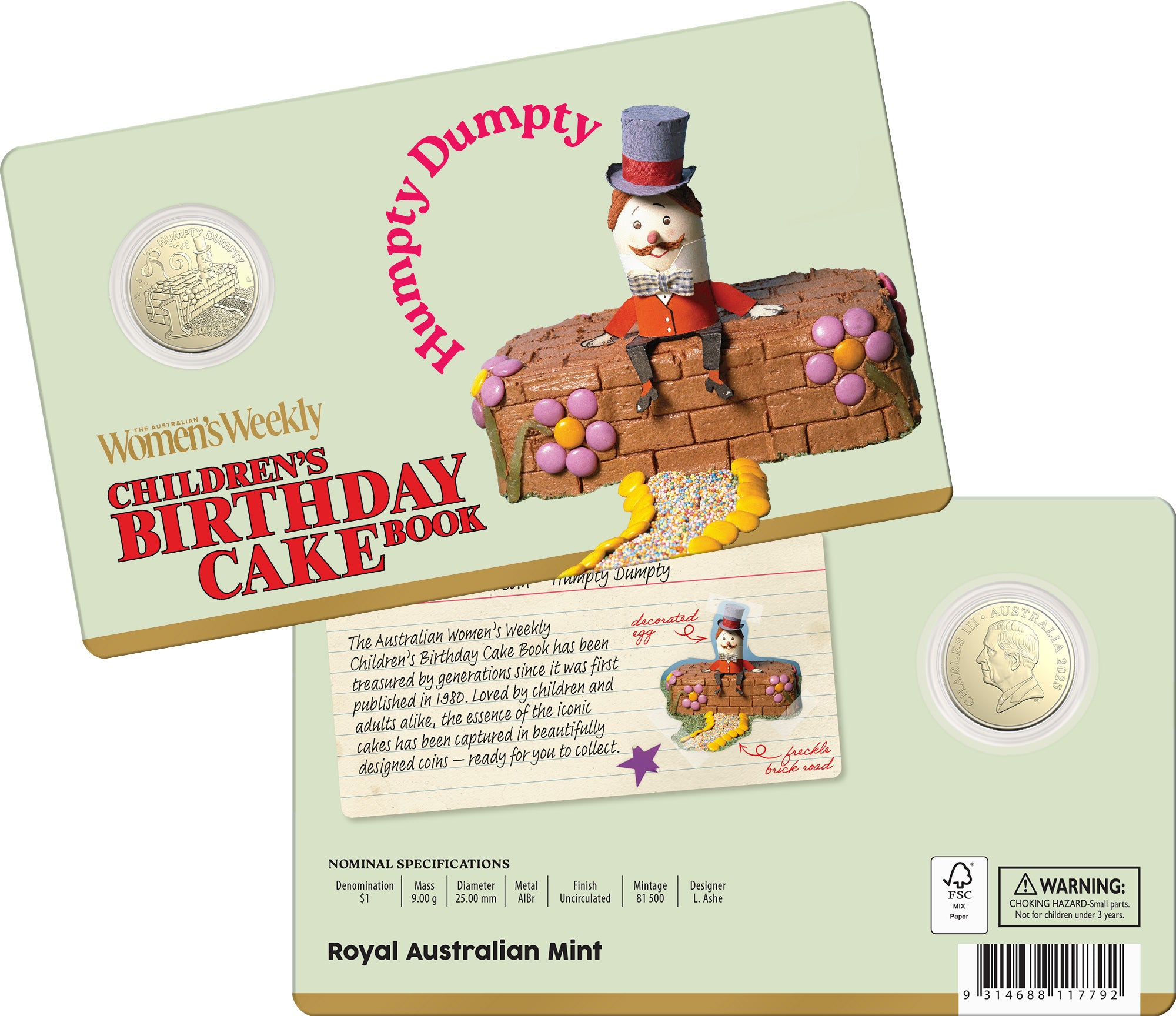 ROYAL AUSTRALIAN MINT - AWW CHILDREN'S BIRTHDAY COOKBOOK | 2025 $1 ALBR UNCIRCULATED COIN | HUMPTY DUMPTY