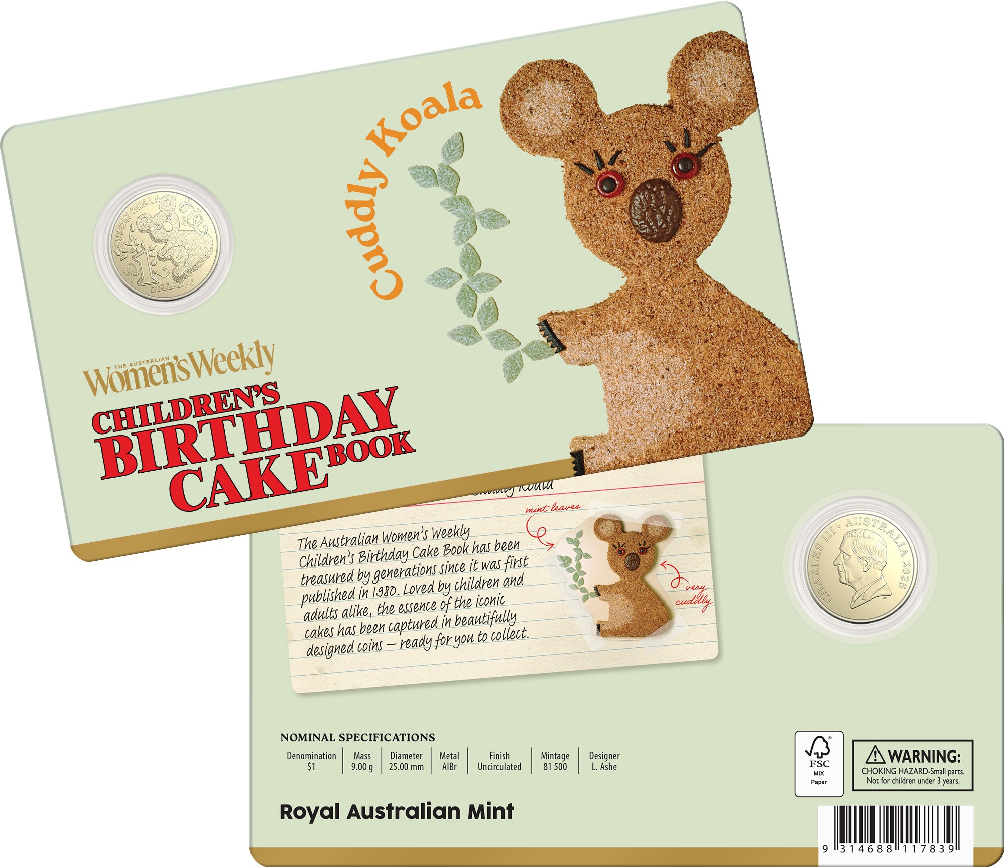 ROYAL AUSTRALIAN MINT - AWW CHILDREN'S BIRTHDAY COOKBOOK | 2025 $1 ALBR UNCIRCULATED COIN | CUDDLY KOALA