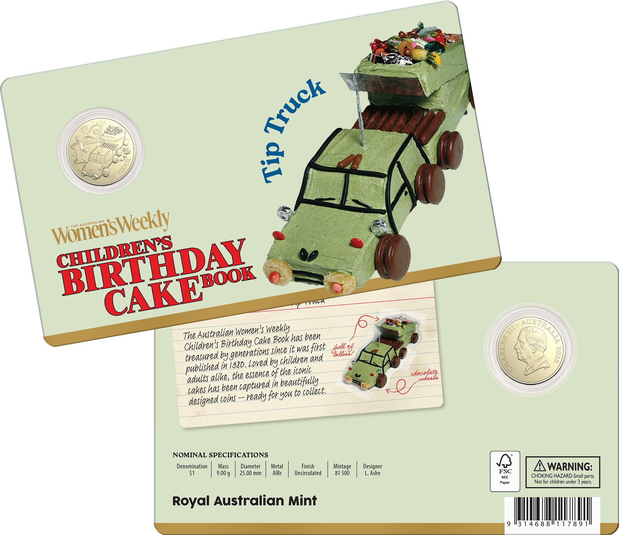 ROYAL AUSTRALIAN MINT - AWW CHILDREN'S BIRTHDAY COOKBOOK | 2025 $1 ALBR UNCIRCULATED COIN | TIP TRUCK