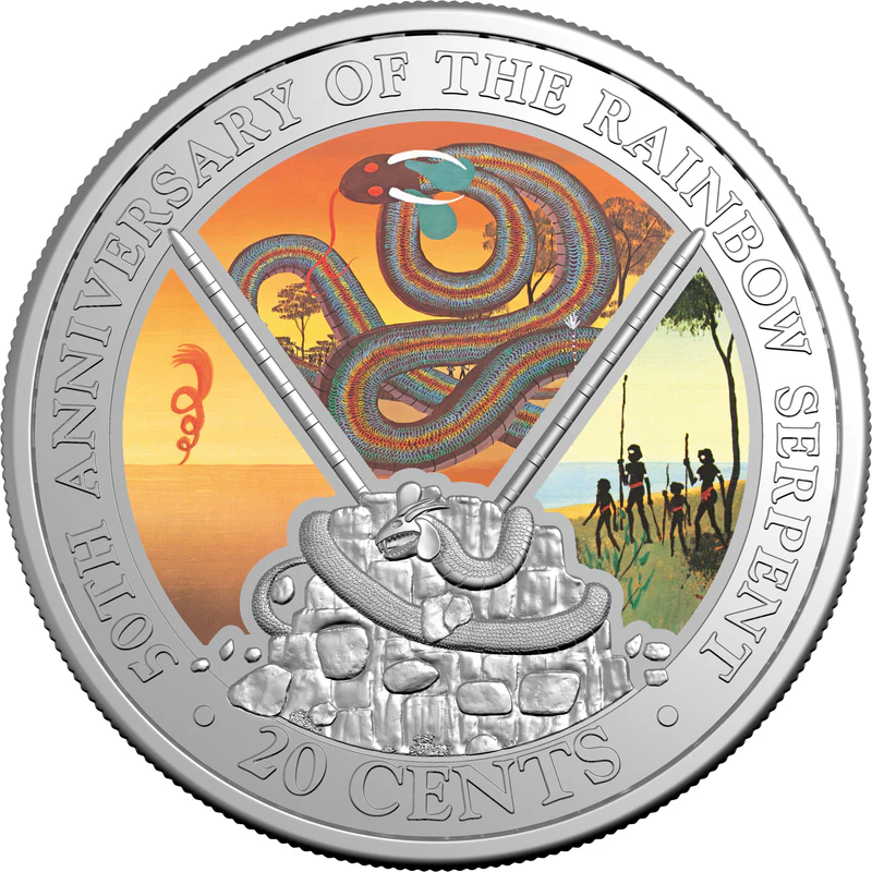 ROYAL AUSTRALIAN MINT -  2025 20 CENT COLOURED UNCIRC COIN  | 50TH ANNIVERSARY OF THE RAINBOW SERPENT