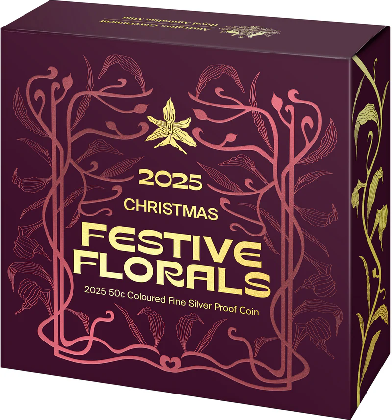 ROYAL AUSTRALIAN MINT -  2025 50C COLOURED FINE SILVER PROOF COIN | CHRISTMAS FESTIVE FLORALS