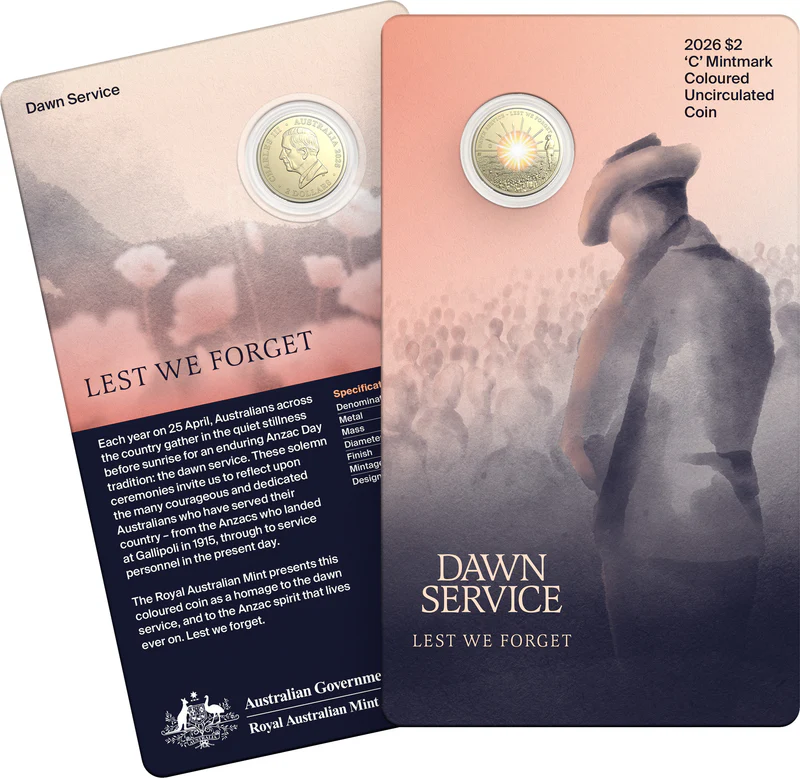 ROYAL AUSTRALIAN MINT - DAWN SERVICE 2026 $2 C MINTMARK COLOURED UNCIRCULATED COIN IN CARD