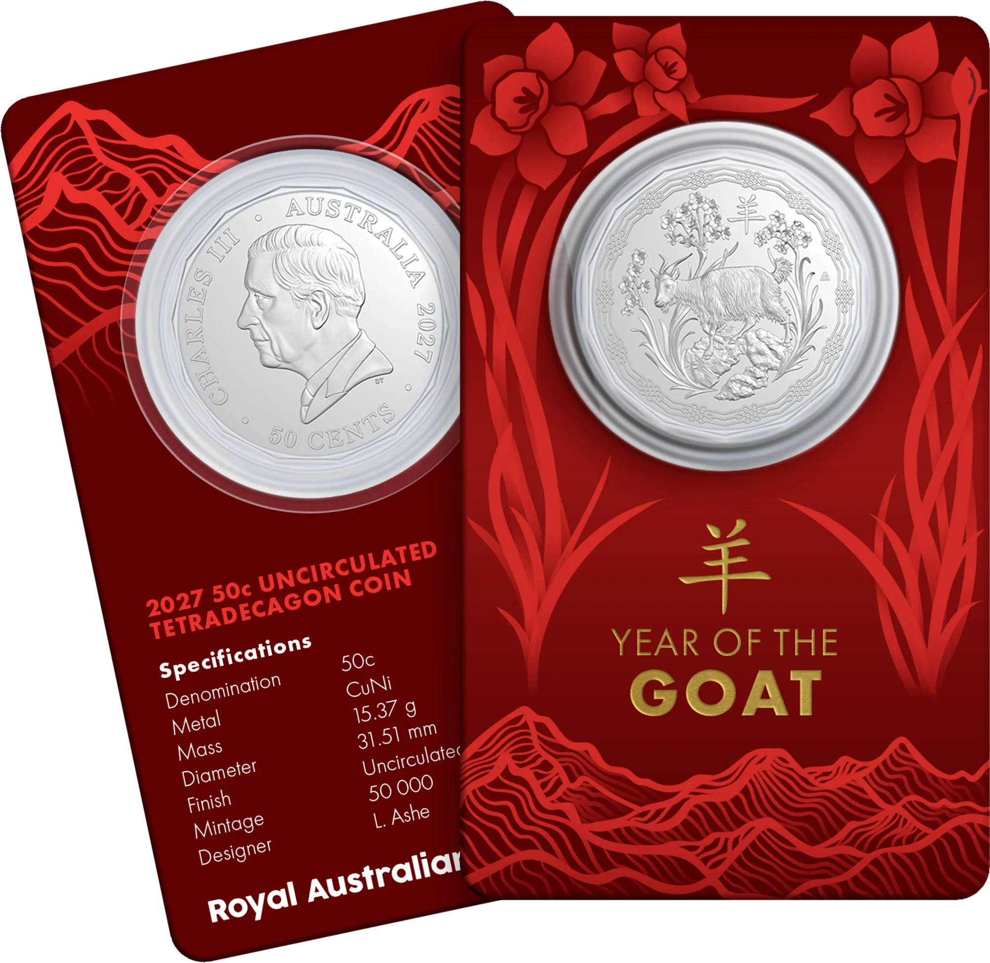 ROYAL AUSTRALIAN MINT - 2027 50C LUNAR SERIES - YEAR OF THE GOAT TETRADECAGON UNCIRCULATED COIN