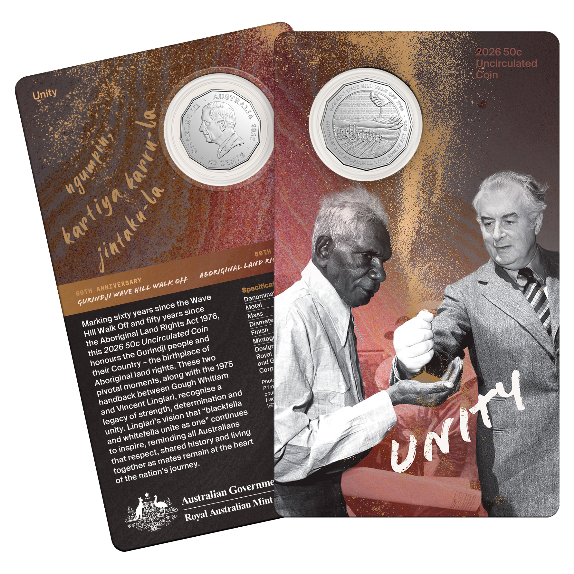 ROYAL AUSTRALIAN MINT - 2026 50C UNCIRCULATED COIN | UNITY: WAVE HILL WALK OFF 60TH AND ABORIGINAL LAND