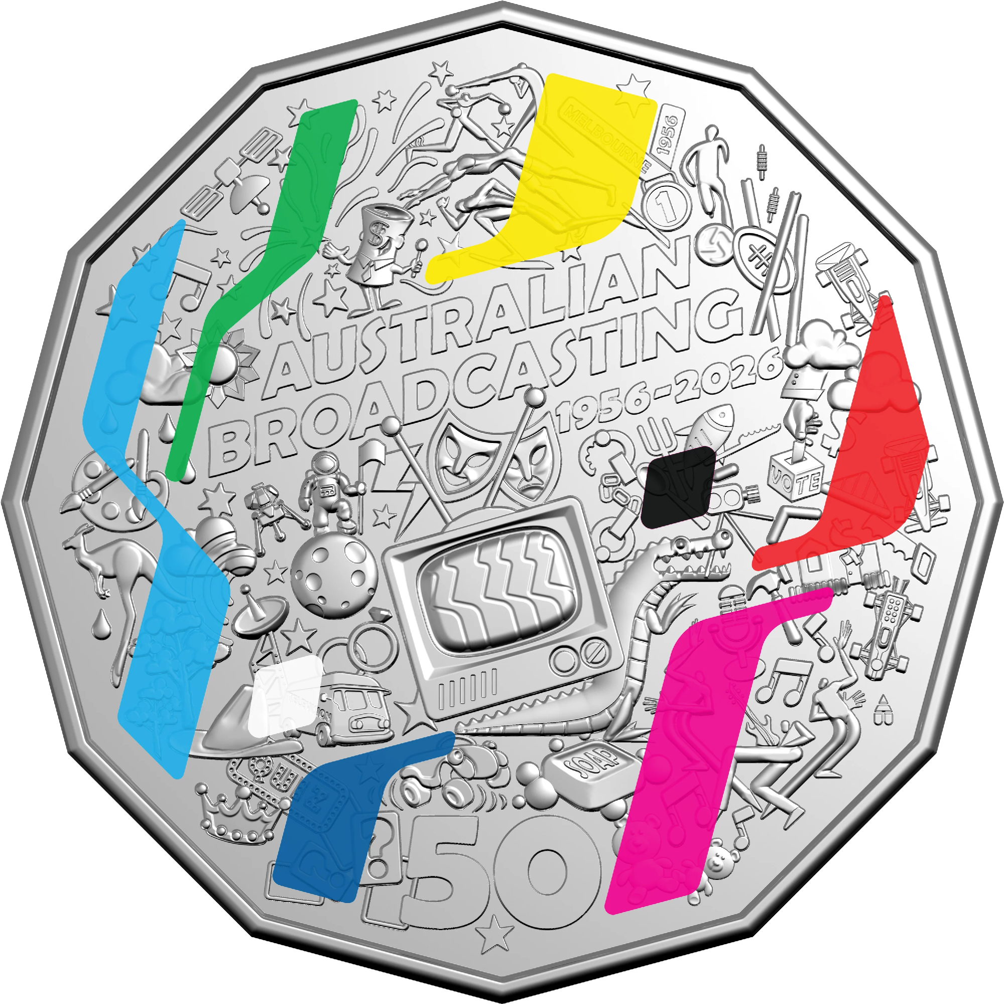 ROYAL AUSTRALIAN MINT - 2026 50C COLOURED UNCIRCULATED COIN | FIRST TELEVISION BROADCAST 70TH