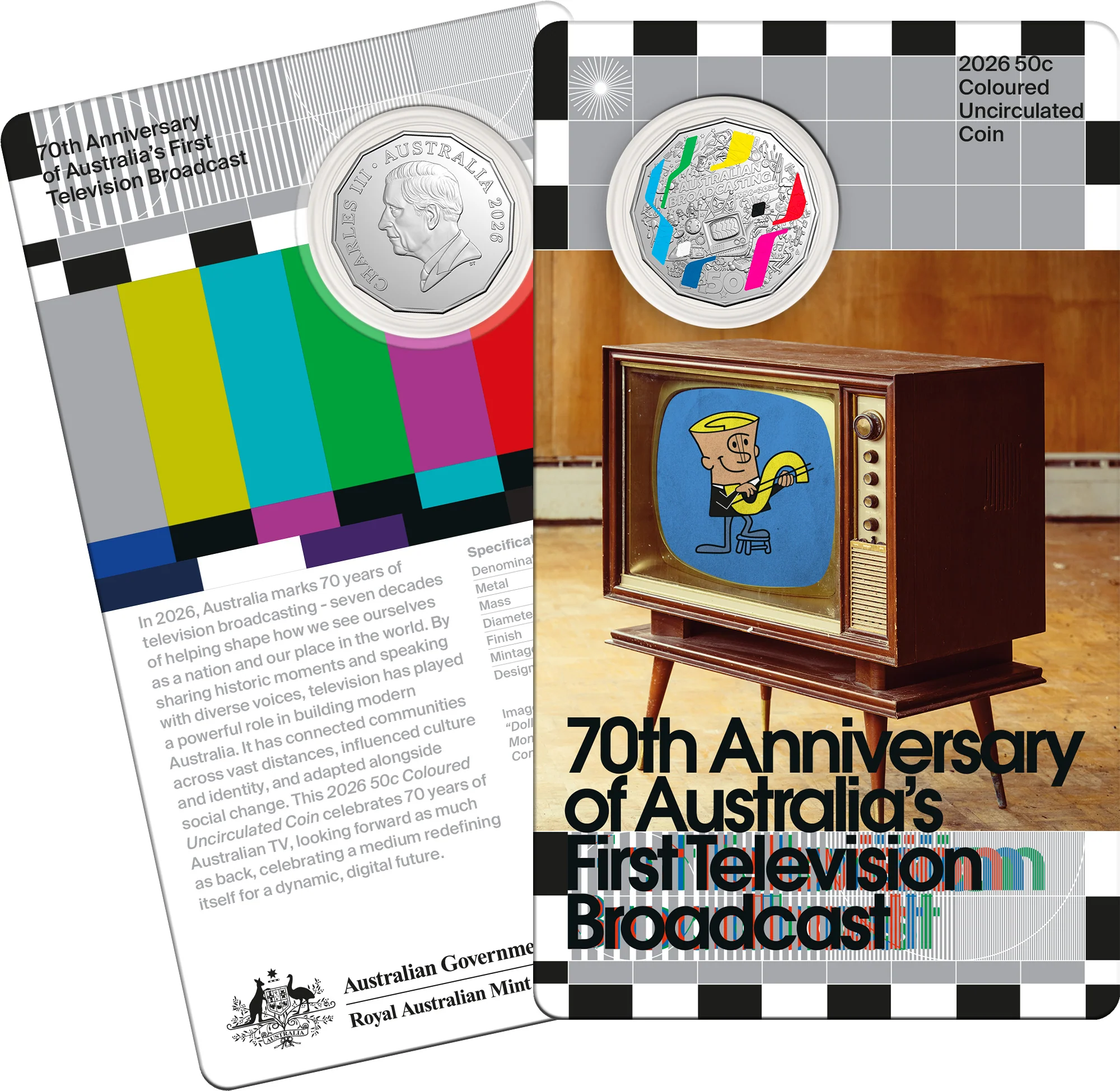 ROYAL AUSTRALIAN MINT - 2026 50C COLOURED UNCIRCULATED COIN | FIRST TELEVISION BROADCAST 70TH