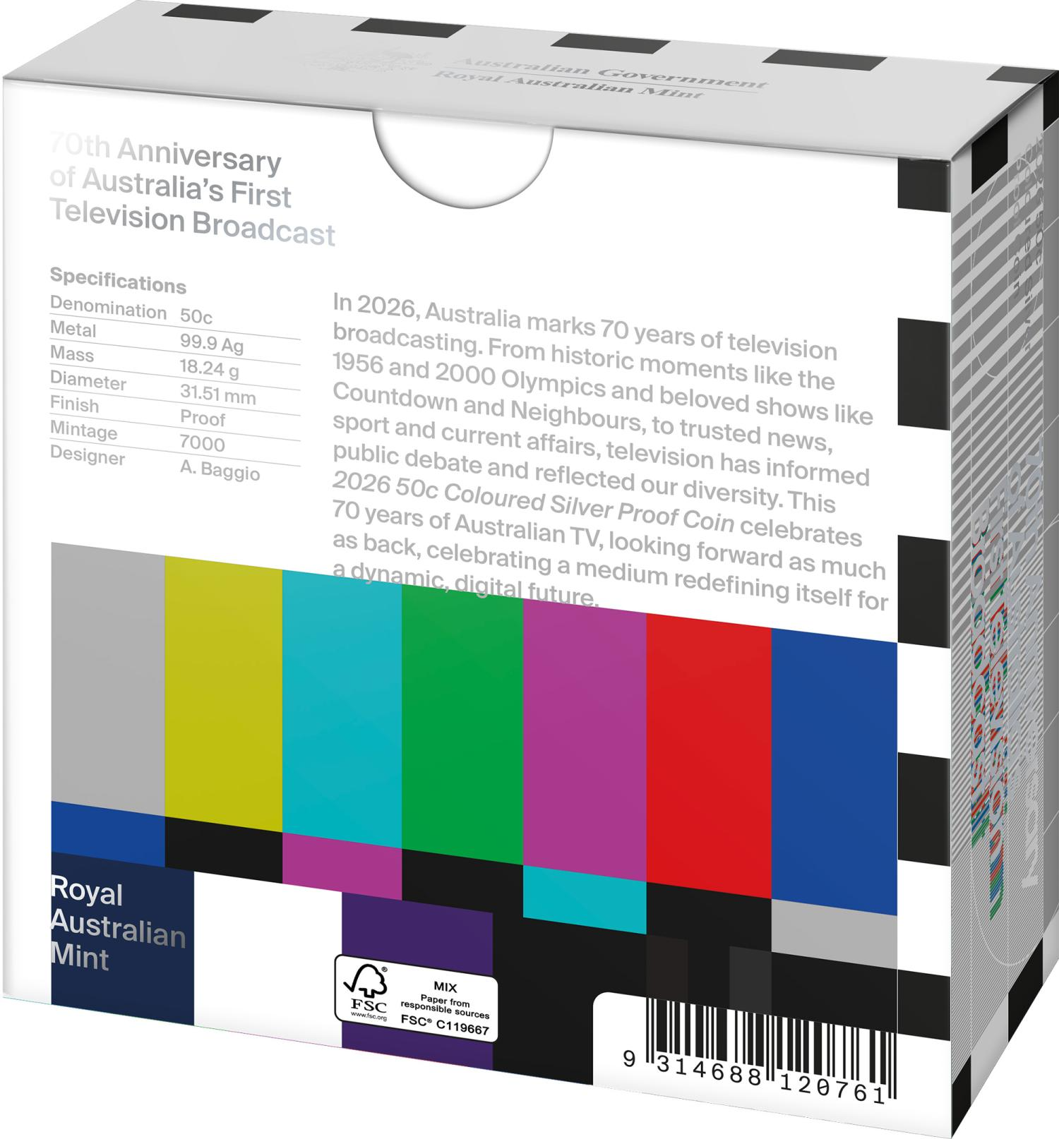 ROYAL AUSTRALIAN MINT - 2026 50C COLOURED SILVER PROOF COIN | FIRST TELEVISION BROADCAST 70TH
