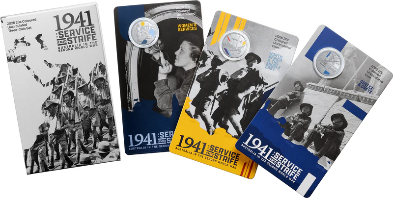 ROYAL AUSTRALIAN MINT - 2026 20C COLOURED UNCIRCULATED THREE-COIN SET – 1941: SERVICE AMID STRIFE