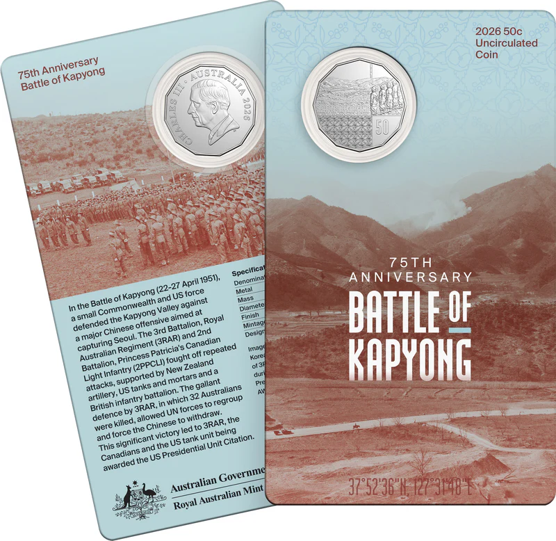 ROYAL AUSTRALIAN MINT - 75TH ANNIVERSARY OF THE BATTLE OF KAPYONG 2026 50C UNCIRCULATED COIN IN CARD