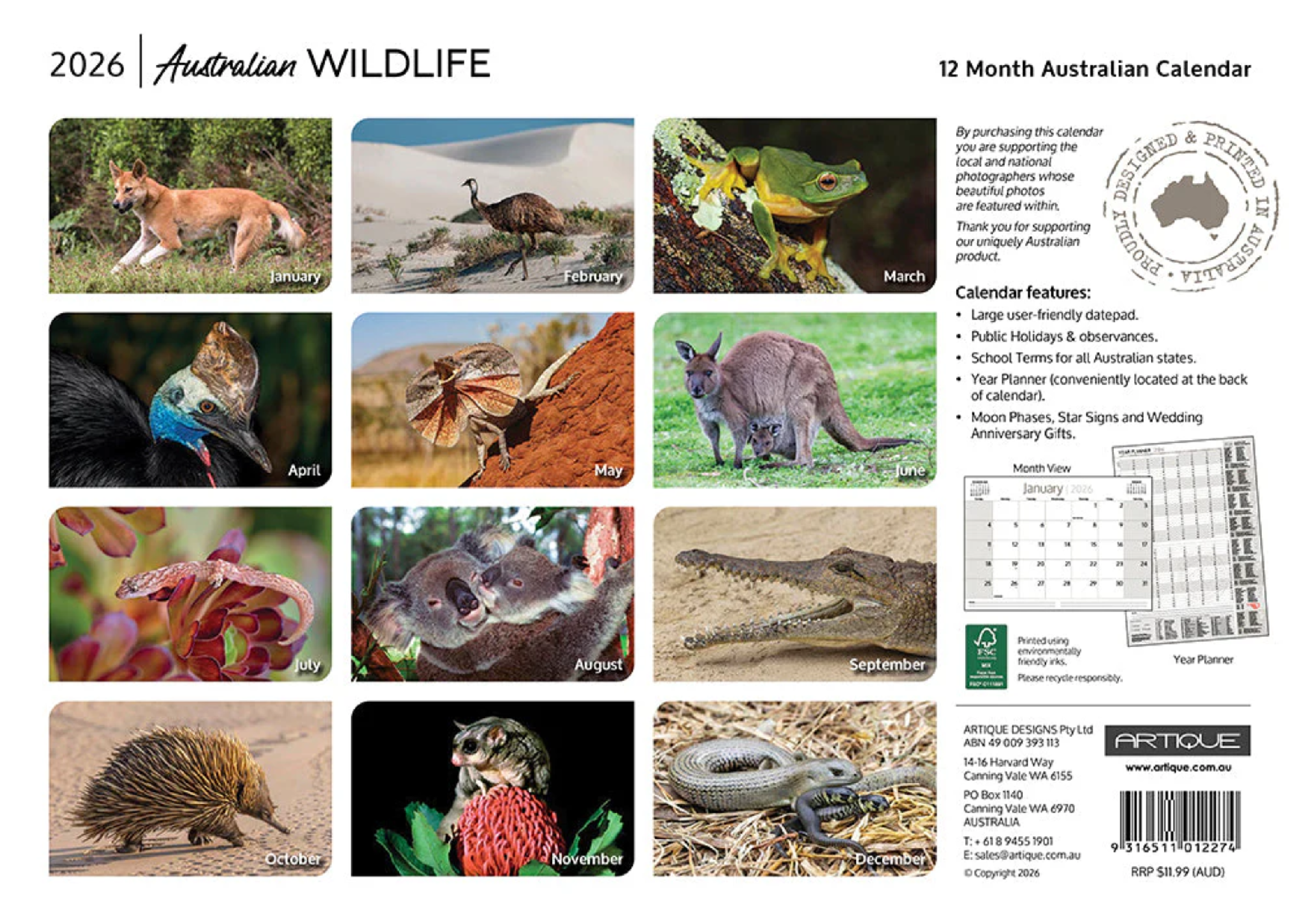 ARTIQUE - 2026 WALL CALENDAR | AUSTRALIAN WILDLIFE