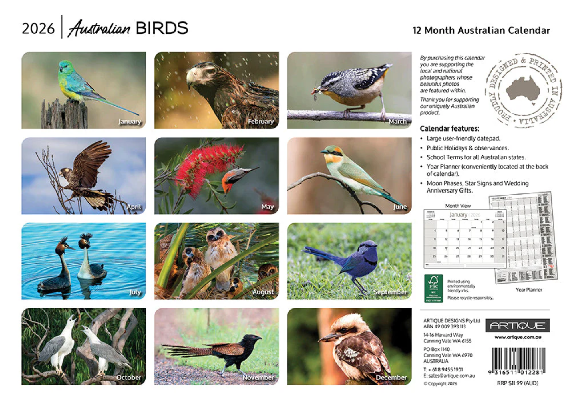ARTIQUE - 2026 WALL CALENDAR | AUSTRALIAN BIRDS