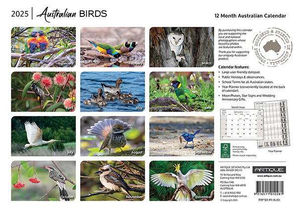 ARTIQUE - 2025 WALL CALENDAR | AUSTRALIAN BIRDS