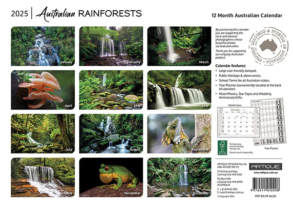 ARTIQUE - 2025 WALL CALENDAR | AUSTRALIAN RAINFORESTS