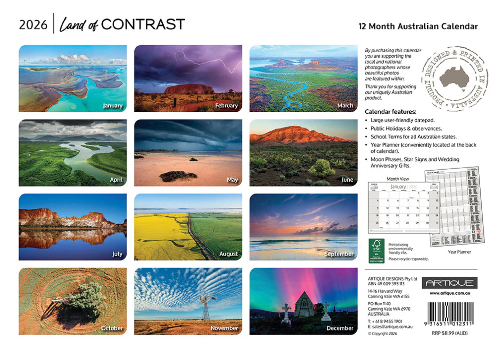 ARTIQUE - 2026 WALL CALENDAR | LAND OF CONTRAST