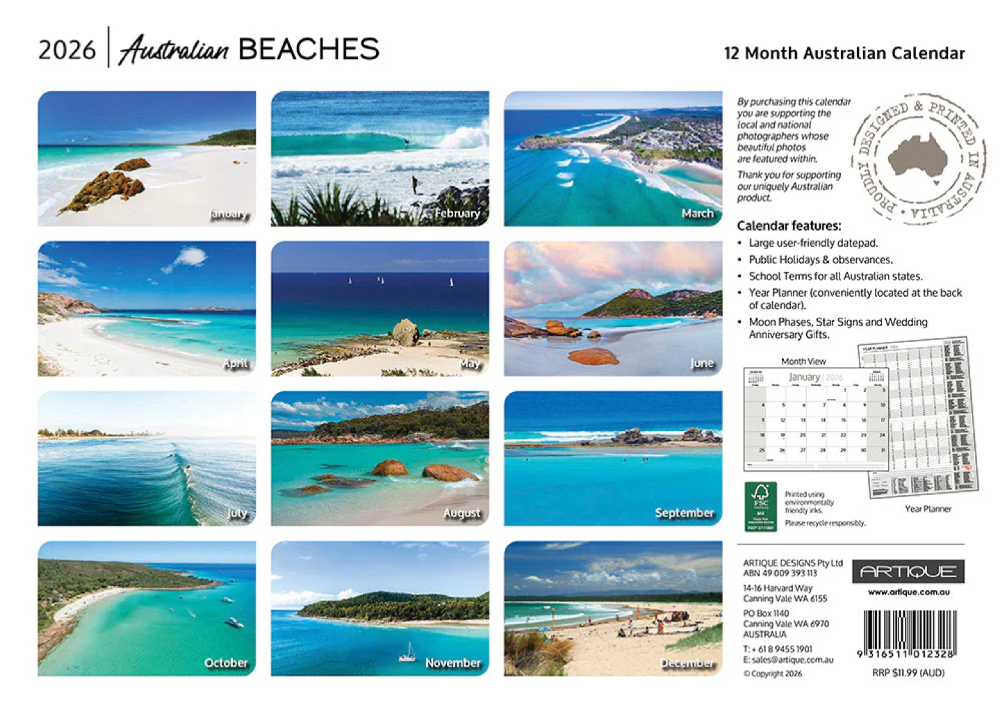 ARTIQUE - 2026 WALL CALENDAR | AUSTRALIAN BEACHES