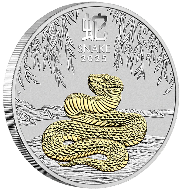 THE PERTH MINT - AUSTRALIAN LUNAR SERIES III 2025 YEAR OF THE SNAKE 1OZ SILVER GILDED COIN