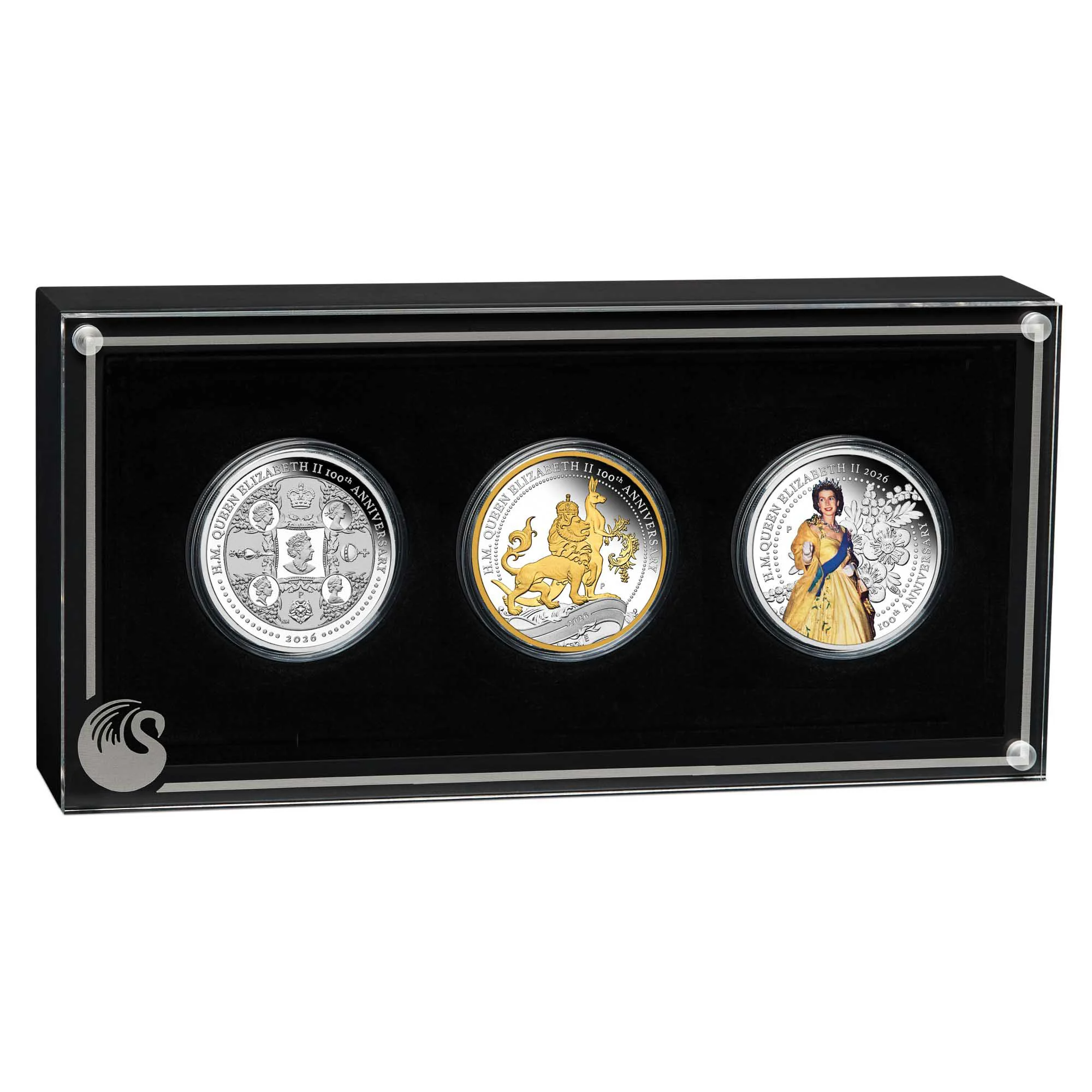 THE PERTH MINT - H.M. QUEEN ELIZABETH II 100TH ANNIVERSARY 2026 1OZ SILVER THREE-COIN SET