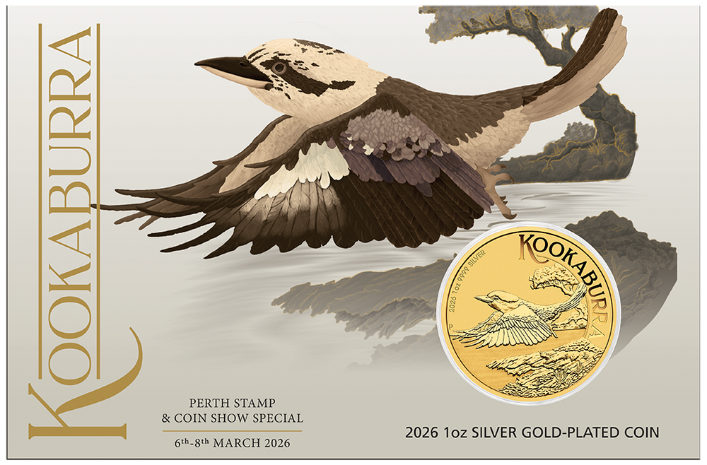 THE PERTH MINT - AUSTRALIAN KOOKABURRA PERTH STAMP AND COIN SHOW 2026 1OZ SILVER GOLD-PLATED COIN IN CARD