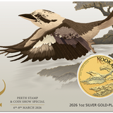 THE PERTH MINT - AUSTRALIAN KOOKABURRA PERTH STAMP AND COIN SHOW 2026 1OZ SILVER GOLD-PLATED COIN IN CARD