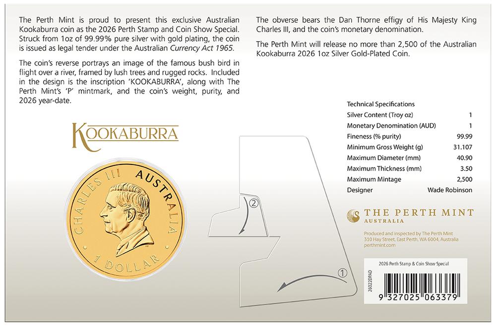 THE PERTH MINT - AUSTRALIAN KOOKABURRA PERTH STAMP AND COIN SHOW 2026 1OZ SILVER GOLD-PLATED COIN IN CARD