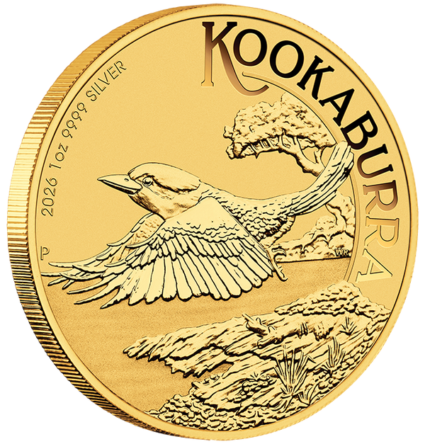 THE PERTH MINT - AUSTRALIAN KOOKABURRA PERTH STAMP AND COIN SHOW 2026 1OZ SILVER GOLD-PLATED COIN IN CARD
