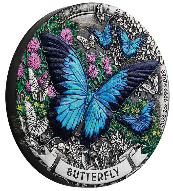 THE PERTH MINT - BUTTERFLY 2026 2OZ SILVER ANTIQUED COLOURED COIN 