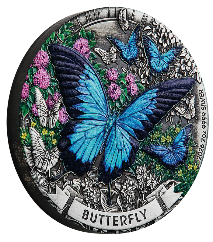 THE PERTH MINT - BUTTERFLY 2026 2OZ SILVER ANTIQUED COLOURED COIN 
