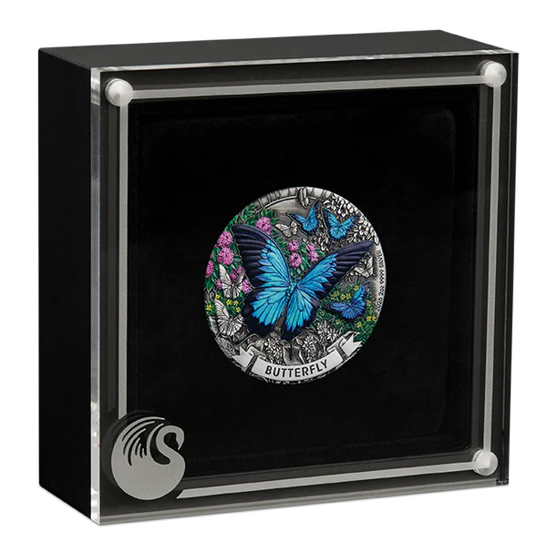 THE PERTH MINT - BUTTERFLY 2026 2OZ SILVER ANTIQUED COLOURED COIN 