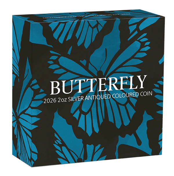 THE PERTH MINT - BUTTERFLY 2026 2OZ SILVER ANTIQUED COLOURED COIN 