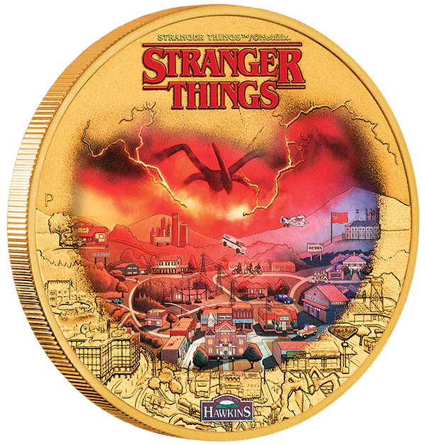THE PERTH MINT - STRANGER THINGS - HAWKINS 2026 GOLD PLATED COLLECTOR'S COIN IN CARD