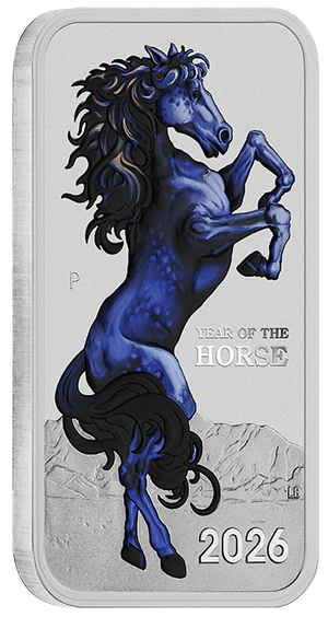 THE PERTH MINT - LUNAR HORSE 2026 1OZ SILVER COLOURED MINTED RECTANGULAR COIN IN CARD 