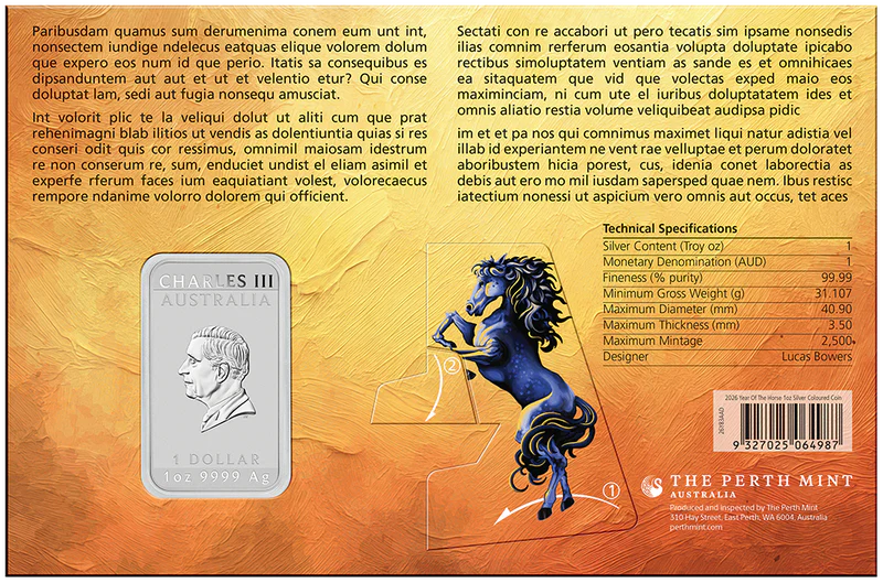 THE PERTH MINT - LUNAR HORSE 2026 1OZ SILVER COLOURED MINTED RECTANGULAR COIN IN CARD 