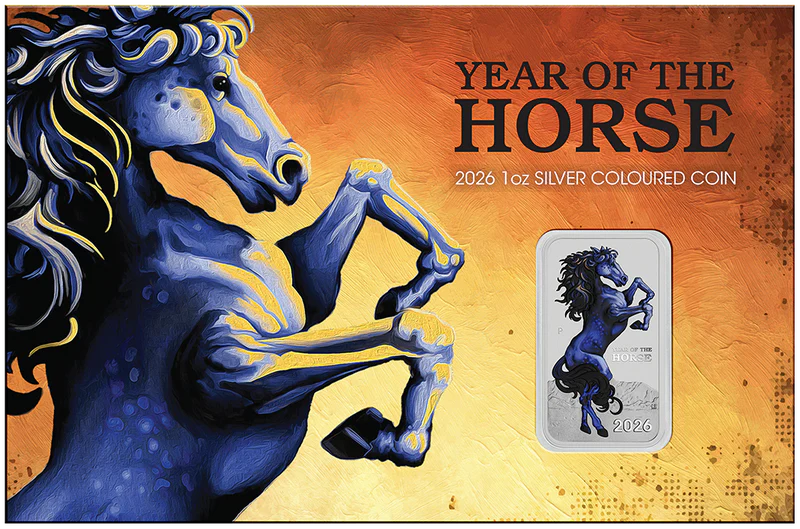 THE PERTH MINT - LUNAR HORSE 2026 1OZ SILVER COLOURED MINTED RECTANGULAR COIN IN CARD 