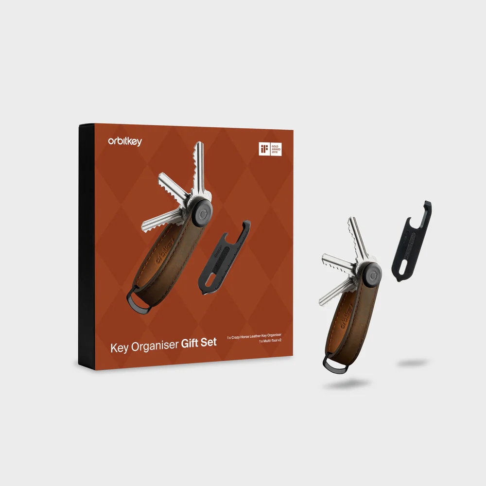 ORBITKEY - KEY ORGANISER CRAZY HORSE + MULTI-TOOL V2 SET | OAK BROWN
